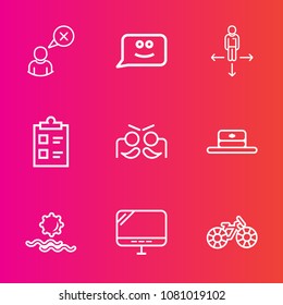 Premium set with outline vector icons. Such as face, holiday, landscape, chat, place, head, cap, party, road, cartoon, hat, carnival, checklist, sign, laptop, connection, wheel, network, check, cancel