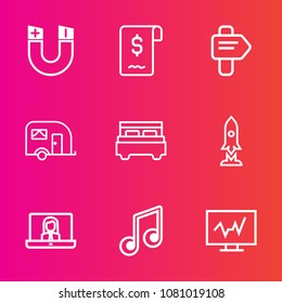 Premium set with outline vector icons. Such as internet, sound, doctor, magnet, science, vehicle, pole, craft, space, communication, bed, traffic, medical, van, double, musical, arrow, estate, rocket