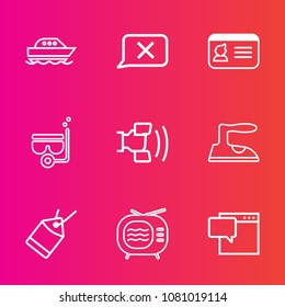 Premium set with outline vector icons. Such as cruise, housework, boat, telephone, sign, cell, ocean, speed, tv, paper, web, message, yacht, television, identification, technology, label, identity, id