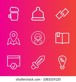 Premium set with outline vector icons. Such as beer, pin, cap, mug, interface, lady, hat, link, mobile, style, phone, map, hyperlink, fashion, location, white, foam, click, head, face, travel, book