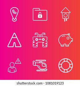 Premium set with outline vector icons. Such as wooden, online, finance, economy, sky, web, cash, birdhouse, safety, home, internet, dirt, location, outdoor, extreme, transportation, pool, camp, file