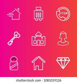 Premium set with outline vector icons. Such as terminal, sign, operator, estate, journey, architecture, concept, profile, door, baggage, phone, help, luggage, mortgage, medieval, service, rent, human