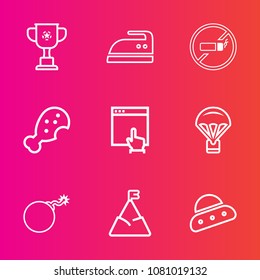 Premium set with outline vector icons. Such as meal, domestic, ironing, victory, ufo, spaceship, parachute, website, space, sign, iron, housework, cigarette, trophy, internet, food, mountain, snack