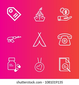Premium set with outline vector icons. Such as price, , finance, hand, vitamin, financial, label, black, money, machine, necklace, tag, medical, gun, dollar, retail, cash, automatic, medicine, rifle