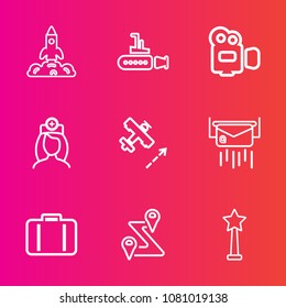 Premium set with outline vector icons. Such as map, sea, ocean, space, bag, orbit, route, success, location, film, handle, letter, post, water, science, luggage, flight, equipment, marine, message