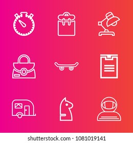 Premium set with outline vector icons. Such as skate, box, skater, table, chessboard, spacesuit, clock, transportation, professional, vehicle, pretty, strategy, transport, delivery, lamp, horse, van