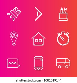 Premium set with outline vector icons. Such as technology, transportation, location, cinema, watch, screen, mobile, projection, time, next, clock, video, message, touchscreen, road, right, white, film
