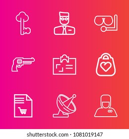 Premium set with outline vector icons. Such as house, identity, fashion, object, handgun, bag, weapon, pistol, diving, web, supermarket, metal, antenna, hospitality, antique, revolver, list, equipment