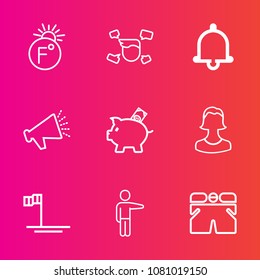 Premium set with outline vector icons. Such as alert, white, human, beach, blue, weather, bell, wear, shorts, bank, money, thermometer, speaker, profile, template, people, degree, man, baja, finance