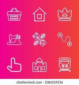 Premium set with outline vector icons. Such as modern, king, property, estate, railway, basket, transportation, castle, house, shop, fashion, machine, real, travel, communication, destination, home