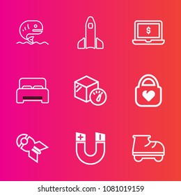 Premium set with outline vector icons. Such as magnetic, bag, shuttle, beautiful, weight, food, bedroom, style, fashion, animal, white, notebook, leather, bed, furniture, pole, rocket, exploration