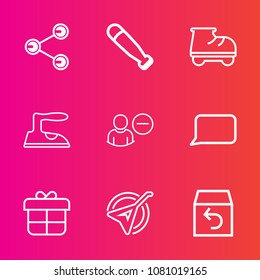 Premium set with outline vector icons. Such as ironing, bat, share, shipping, fun, delivery, present, housework, recreation, holiday, string, leisure, wood, media, user, gift, social, domestic, roller