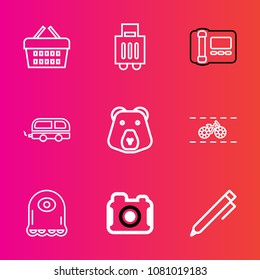 Premium set with outline vector icons. Such as vehicle, cartoon, retail, hand, alien, airport, shop, buy, transportation, bike, office, technology, write, transport, suitcase, pencil, business, travel