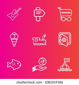 Premium set with outline vector icons. Such as banking, sign, trolley, musical, transport, cart, security, food, water, transportation, life, buoy, arrow, way, sound, investment, concert, railway, buy