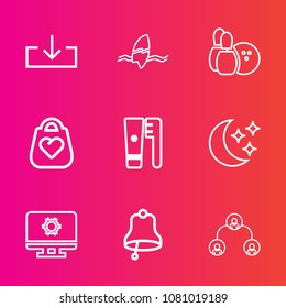 Premium set with outline vector icons. Such as business, alarm, surfboard, brush, surfer, health, company, summer, bowling, game, surf, pin, surfing, fashion, clean, bell, care, sea, people, night