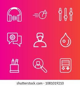 Premium set with outline vector icons. Such as education, water, sound, computer, equality, stationery, mobile, communication, late, drop, account, deadline, office, business, equipment, job, stress