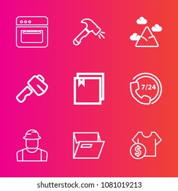Premium set with outline vector icons. Such as chain, file, blank, top, cost, hammer, landscape, peak, appliance, call, price, construction, folder, cooker, kitchen, engineer, service, sky, oven, shop
