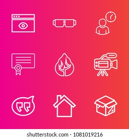 Premium set with outline vector icons. Such as certificate, time, lens, landscape, sun, nature, microphone, modern, fashion, cardboard, speech, template, unpacking, style, clock, forest, video, page