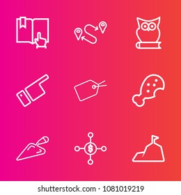 Premium set with outline vector icons. Such as web, fast, construction, open, sign, destination, click, book, snack, place, people, sky, tag, food, navigation, point, library, location, map, nature