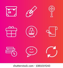 Premium set with outline vector icons. Such as paper, hammer, protection, person, decoration, sign, reload, bank, fan, air, construction, pen, electric, arrow, chat, pretty, ventilator, mobile, cash