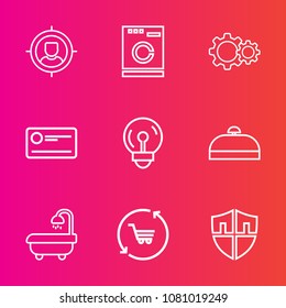 Premium set with outline vector icons. Such as appliance, suitcase, businessman, equipment, business, money, targeting, bathroom, market, action, retail, washer, bulb, shield, machine, clean, white