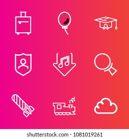 Premium set with outline vector icons. Such as trip, download, suitcase, magnifying, graduation, bomb, holiday, find, bag, birthday, railway, air, university, white, security, celebration, shield