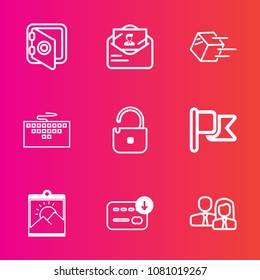 Premium set with outline vector icons. Such as steel, photo, staff, post, envelope, safe, laptop, safety, bank, security, letter, banking, transport, picture, frame, nation, blank, cargo, mail, sign