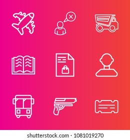 Premium set with outline vector icons. Such as air, list, profile, gun, transport, man, book, paper, ticket, tipper, weapon, aviation, web, cancel, connection, road, bus, airplane, aircraft, notebook