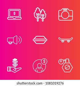 Premium set with outline vector icons. Such as equipment, account, megaphone, burger, monitor, hamburger, bottle, film, internet, notebook, accounting, screen, finance, extreme, computer, laptop, tree