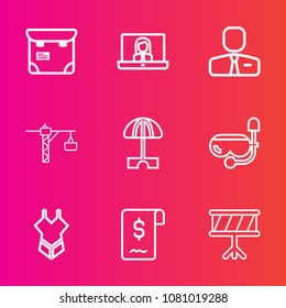 Premium set with outline vector icons. Such as one, sale, water, umbrella, mask, sea, office, instrument, drum, man, sound, woman, hammer, sun, musical, pass, technology, construction, work, video