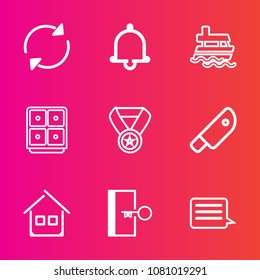 Premium set with outline vector icons. Such as bank, finance, call, escape, transport, refresh, success, alert, ring, exit, message, button, home, vessel, ship, kitchen, bell, prize, house, reward