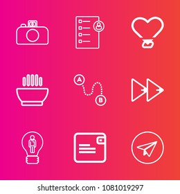 Premium set with outline vector icons. Such as digital, position, player, dish, hot, message, internet, work, wallet, document, dollar, photo, soup, travel, heart, sign, rewind, money, destination