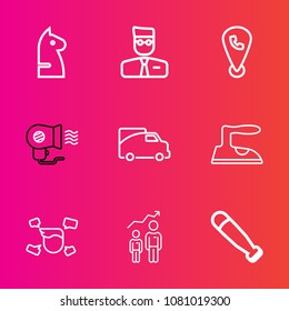 Premium set with outline vector icons. Such as web, traffic, ironing, white, growth, competition, phone, vehicle, development, success, mobile, domestic, housework, van, baseball, personal, sport, fan