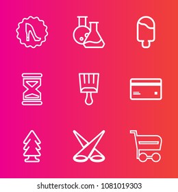 Premium set with outline vector icons. Such as light, white, tree, paintbrush, market, card, sand, buy, sweet, nature, landscape, hour, footwear, shop, circle, boots, timer, brush, forest, beautiful