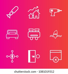 Premium set with outline vector icons. Such as war, surfer, exit, hand, spy, increase, attack, sign, weapon, destruction, vision, search, tropical, money, bomb, ocean, real, house, door, machine, page