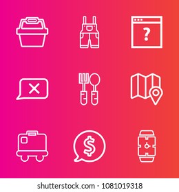 Premium set with outline vector icons. Such as bag, text, jacket, baggage, food, web, internet, frame, travel, location, clock, luggage, work, pin, time, men, map, minute, store, circle, object, spoon