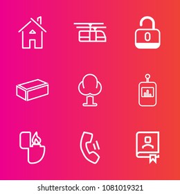 Premium set with outline vector icons. Such as button, tv, mobile, fire, object, book, television, security, remote, construction, nature, real, address, material, unlock, cell, forest, train, lock