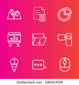 Premium set with outline vector icons. Such as city, retro, movie, road, video, finance, financial, computer, gps, pie, banking, message, tripod, click, graph, graphic, technology, infographic, bank