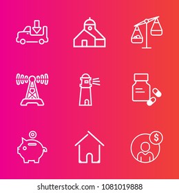 Premium set with outline vector icons. Such as lighthouse, business, cargo, industrial, light, accounting, technology, platform, building, equipment, bank, water, ocean, balance, weight, health, lorry