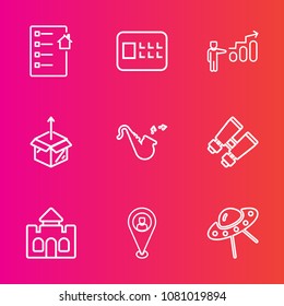 Premium set with outline vector icons. Such as cardboard, success, musical, castle, business, spacecraft, package, security, real, investment, spy, growth, building, safety, technology, contract, safe