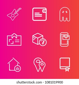 Premium set with outline vector icons. Such as money, business, music, pin, id, box, concert, map, sound, ghost, dollar, halloween, mail, road, card, rock, scary, wallet, email, estate, real, location