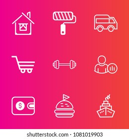 Premium set with outline vector icons. Such as architecture, gym, painter, money, shop, house, construction, purse, wall, estate, move, lunch, roller, cash, repair, property, work, trolley, tomato, 