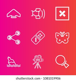 Premium set with outline vector icons. Such as clean, skydiver, sport, cell, movie, home, share, skydiving, internet, mobile, smartphone, closed, retro, air, magnifying, telephone, fly, jump, sky, row