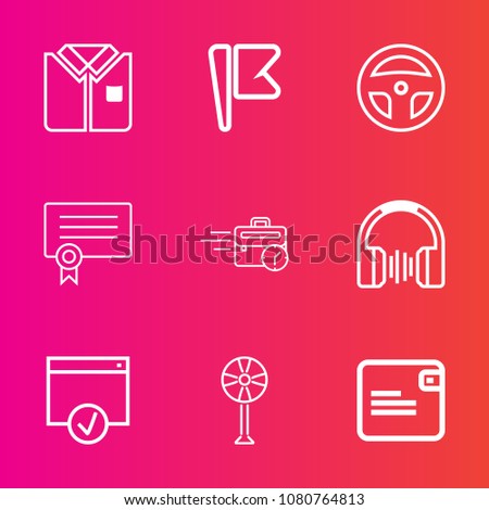Premium set with outline vector icons. Such as equipment, nation, front, usa, tshirt, cotton, technology, tool, laboratory, air, fan, template, fashion, money, dollar, certificate, banner, late, flag