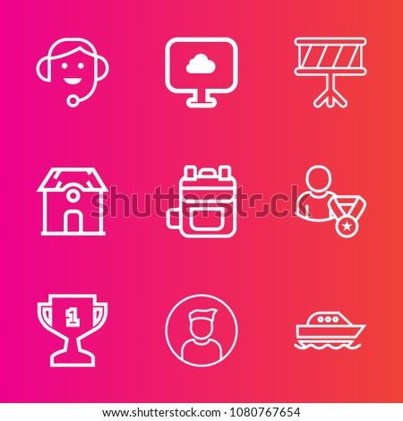 Premium set with outline vector icons. Such as customer, award, online, violin, cloud, architecture, computer, yacht, first, technology, water, sound, modern, support, sea, musical, business, people