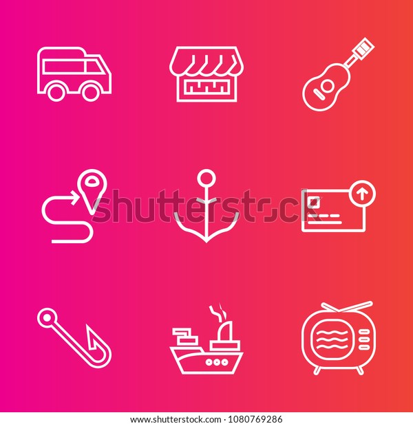 Premium set with outline vector icons. Such as\
transportation, music, finance, car, hook, nautical, tv, white,\
shop, sea, store, fishing, military, musical, technology, rod,\
currency, navigation,\
move