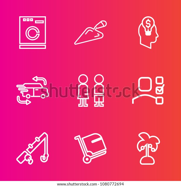 Premium set with outline vector icons. Such as car,\
plan, clothes, appliance, hammer, fish, reel, sport, happy,\
fishing, equipment, delivery, office, business, idea, summer,\
clean, leaf, people,\
rod