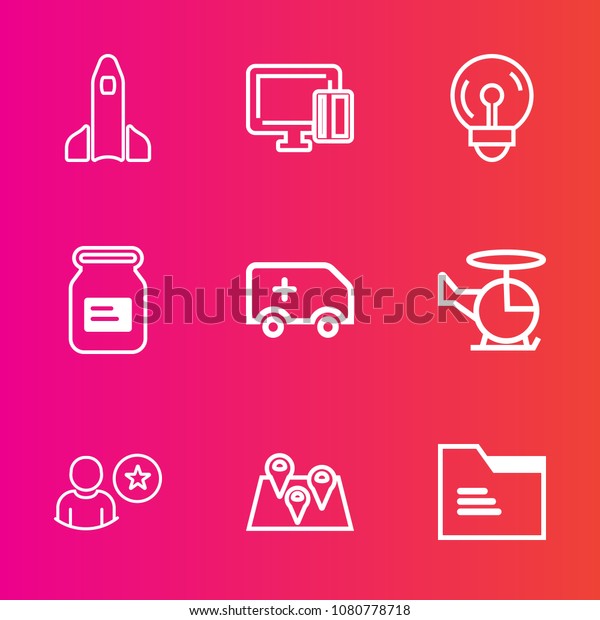 Premium set with outline vector icons. Such as\
bulb, file, helicopter, astronaut, aluminum, paper, shuttle, road,\
transport, card, credit, online, exploration, electric, office,\
electricity, energy