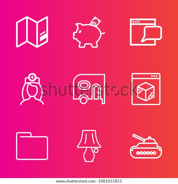 Premium set with outline vector icons. Such as\
finance, transportation, earth, money, transport, doctor, table,\
gun, internet, lamp, website, global, coin, file, geography,\
folder, healthcare,\
travel