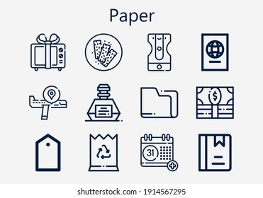 Premium set of paper [S] icons. Simple paper icon pack. Stroke vector illustration on a white background. Modern outline style icons collection of Chocolate bar, Gift, Money, Passport, Airplane